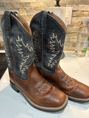 Kids Brown Leather & Dark Blue Embroidered Western Boots
